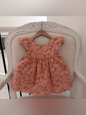 🤍 9 Mth Oshkosh Rust~Peachy Ruffle Floral Boho Baby Dress 100% Cotton Like New